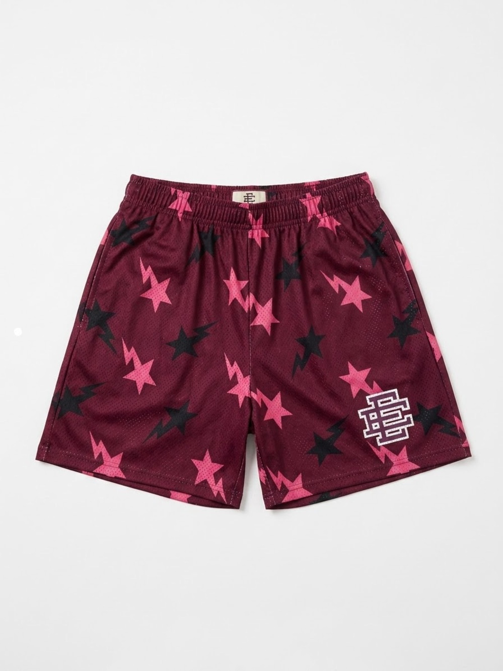 Eric Emanuel Burgundy Shorts with Pink and Black Star Print